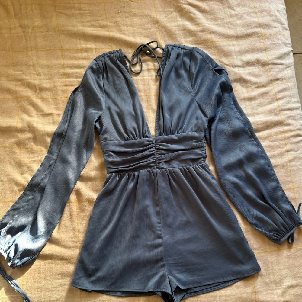 Blue Long Sleeve Backless Blouse with Tie Front